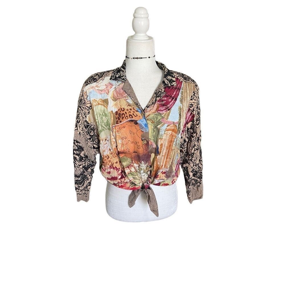 90s vintage Carole Little button-down front tied renaissance artistic Roman blou